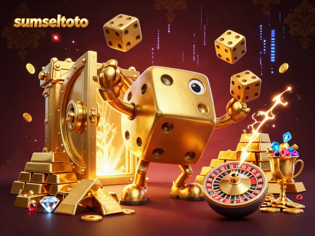 Sumseltoto showcases a vibrant 3D scene featuring a golden dice golem, roulette ball, and treasure elements in a dynamic casino atmosphere.