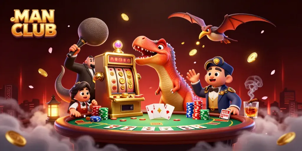 MAN CLUB spectacle with a pachycephalosaurus winning a jackpot, colorful poker scene.