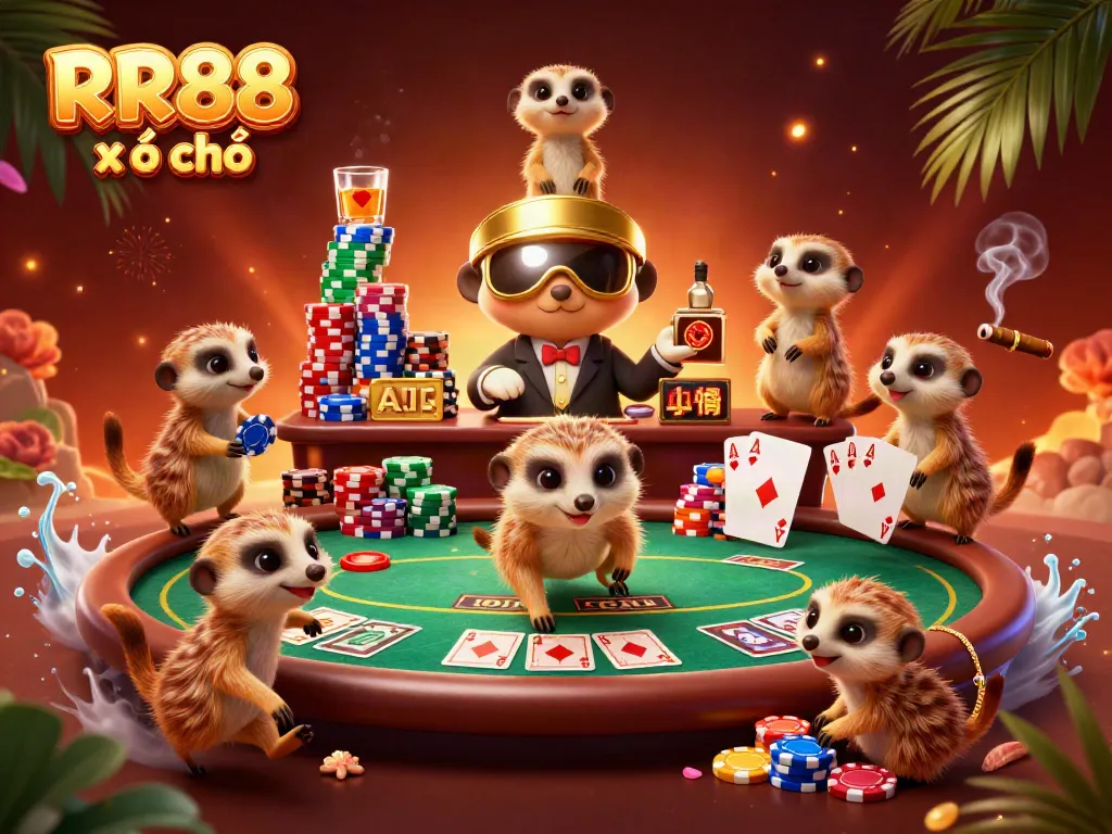 Experience the excitement of RR88 xổ số in this lively meerkat casino scene with dynamic gaming elements.