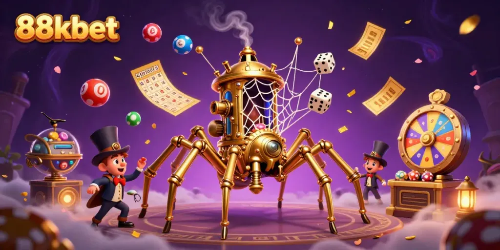 Experience the thrill of 88kbet casino games with steampunk elements, vibrant animations, and colorful lottery balls.