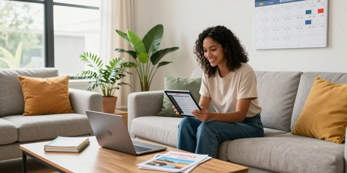Engaging Airbnb host reviewing listings with an airbnb host fees calculator in a stylish living room.