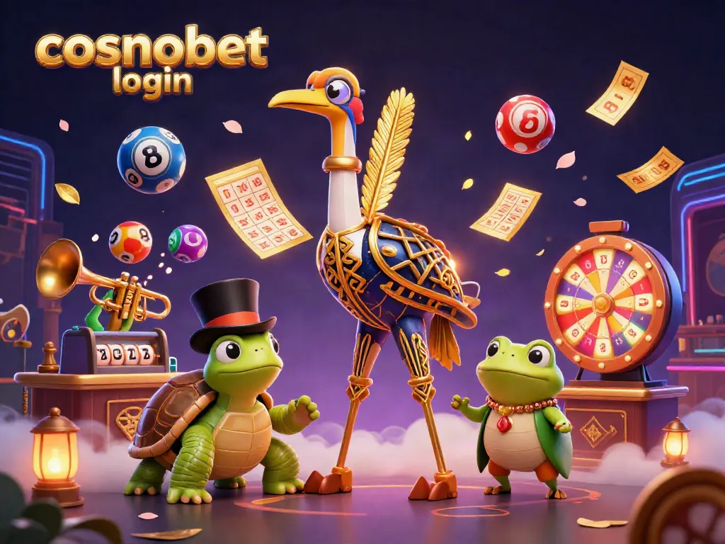 Experience cosmobet login at this vibrant casino scene filled with lottery games and characters.
