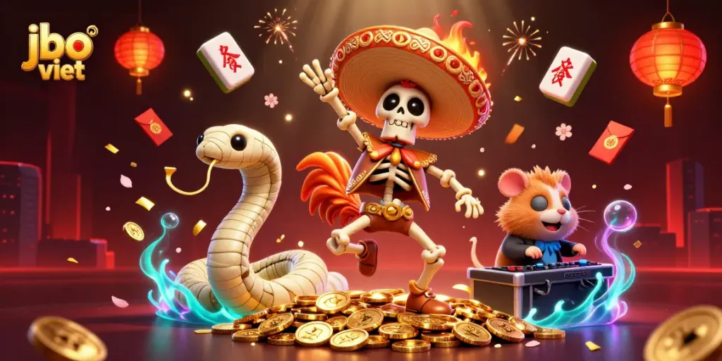 Engage with JBO Viet's vibrant gaming scene featuring dynamic casino elements and colorful characters
