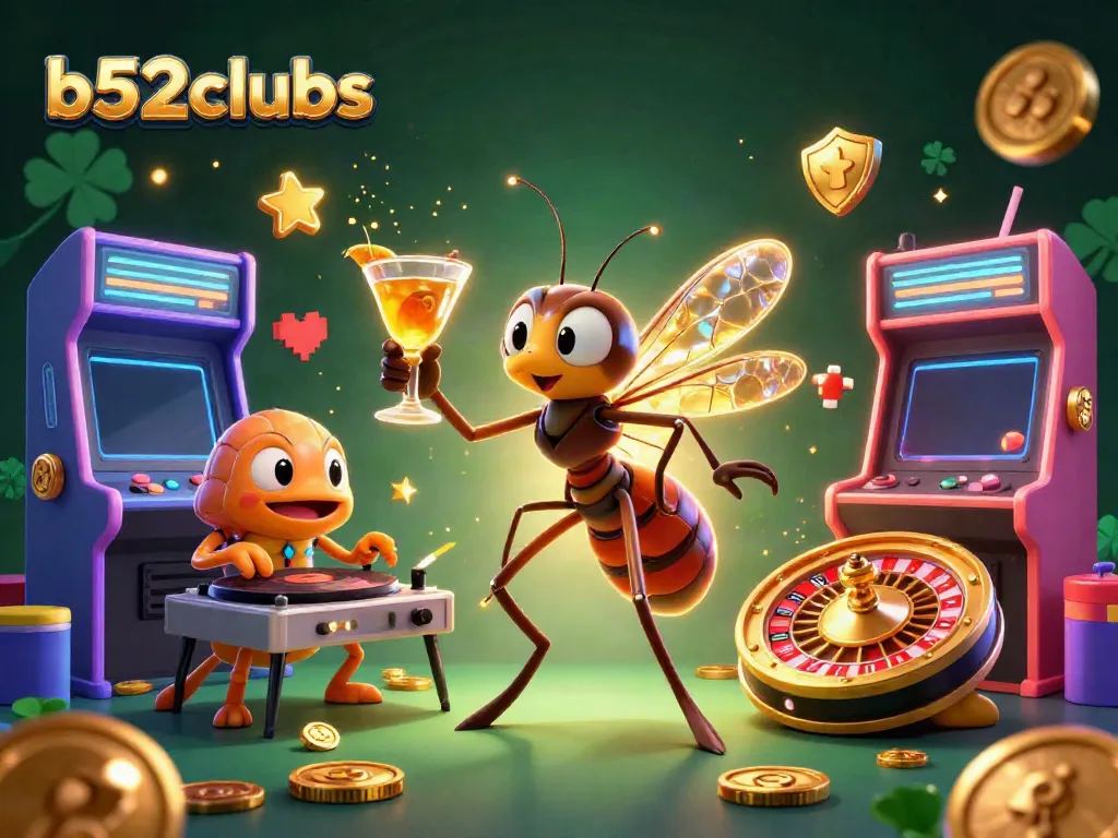 Experience thrilling wins at b52clubs with a dynamic illustration showcasing casino game excitement and colorful arcade elements.