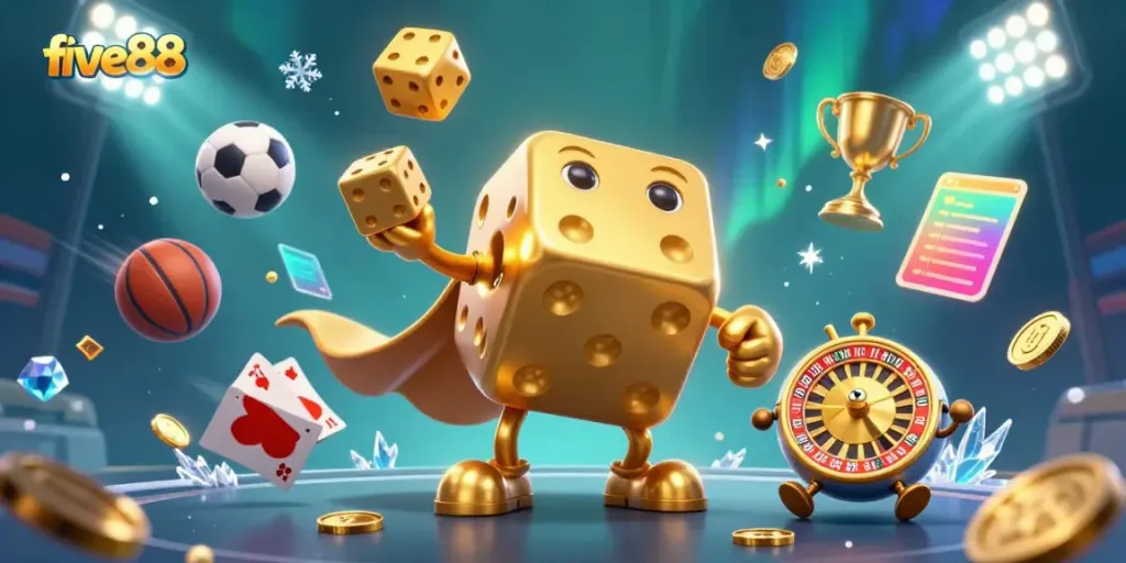 Experience thrilling gameplay at five88, featuring vibrant golden dice and dynamic sports elements.
