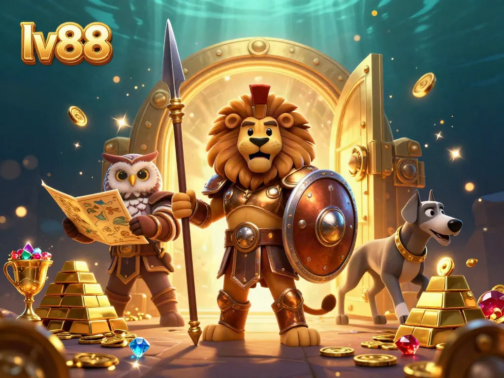 Engage in thrilling gameplay with the lv88 online casino, featuring a dynamic 3D Spartan lion surrounded by treasures.