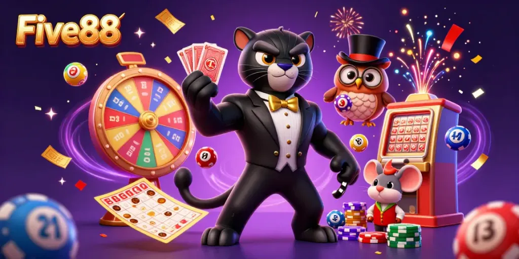 Experience the excitement at Five88 with a stylish panther dealer and friends amid vibrant gaming elements.