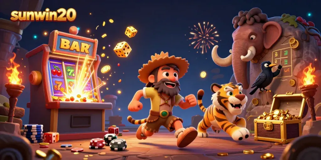 Experience thrilling moments at sunwin20 with a 3D caveman and sabertooth duo in a vibrant casino scene.