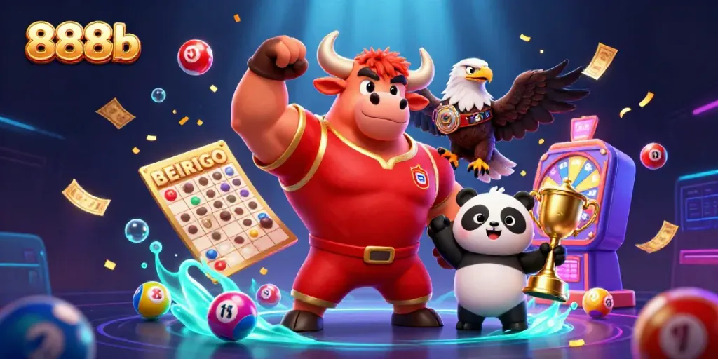 Experience the excitement of 888b with a lively casino scene featuring vibrant characters and playful game elements.