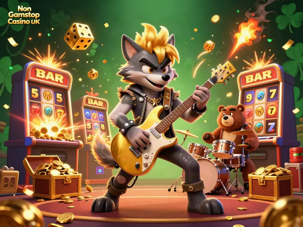 Experience vibrant gaming action with Non Gamstop Casino UK in a lively casino scene featuring dynamic characters and jackpots.
