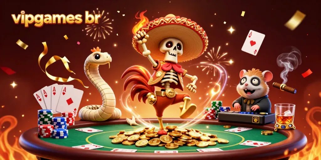 Engage in gaming fun with vipgames br as the mariachi rooster celebrates victories with poker elements.