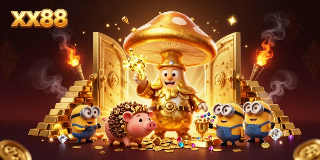 Win big with xx88 in a vibrant 3D illustration showcasing magical treasures and gaming excitement.