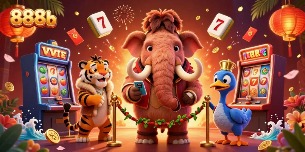 Experience the vibrant energy of 888b with a cartoon bouncer and casino elements in action.