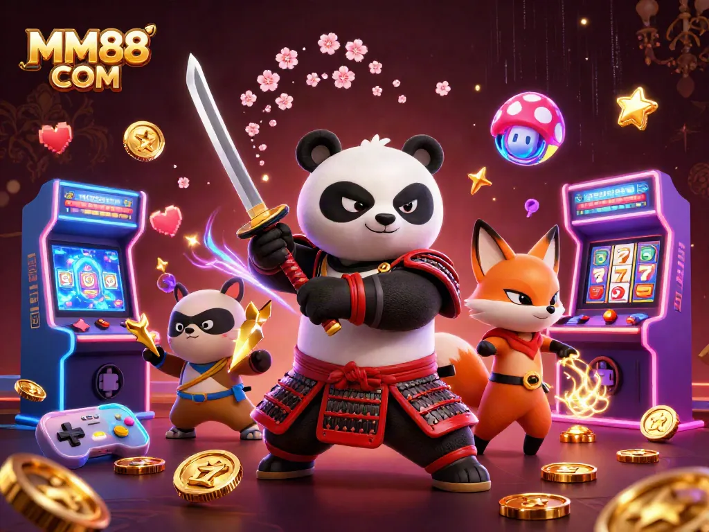Engage with thrilling spins and jackpots at MM88 COM featuring a samurai panda and dynamic casino elements.