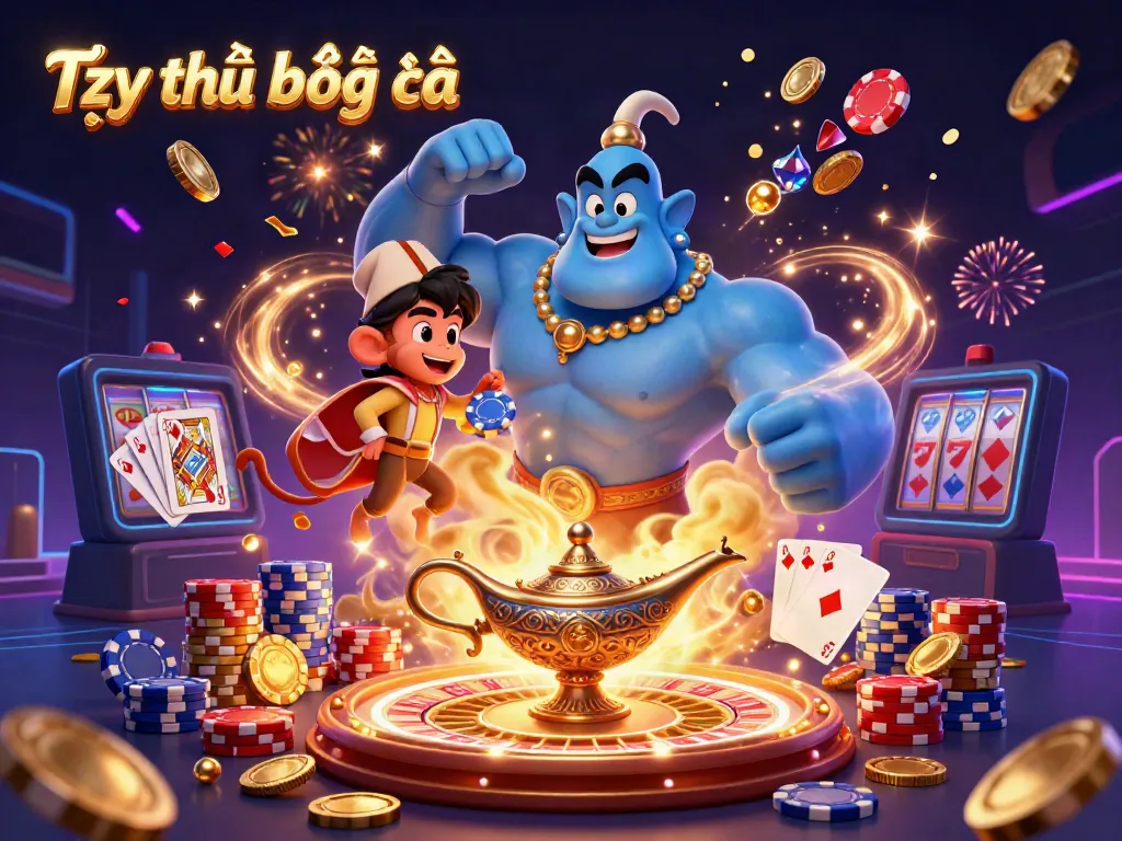 Engage with Tỷ lệ bóng đá through a magical casino scene featuring a genie, poker chips, and sparkling treasures.
