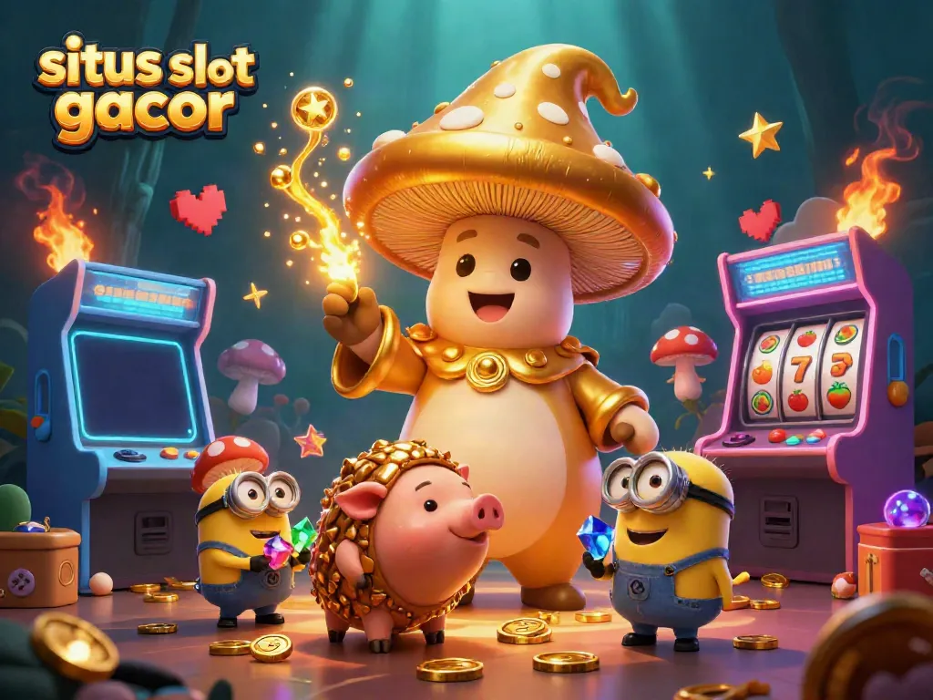 Experience situs slot gacor magic with a vibrant 3D casino scene featuring golden elements and playful characters.
