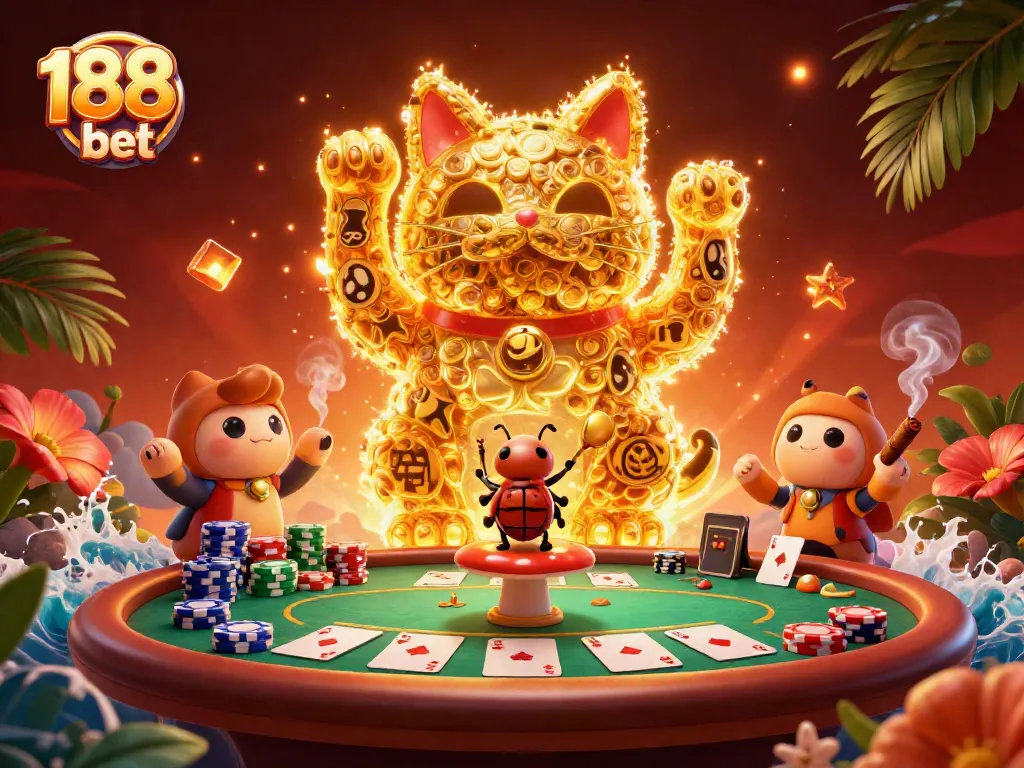 Experience excitement with 188 bet, showcasing a vibrant gaming scene filled with fortune symbols.