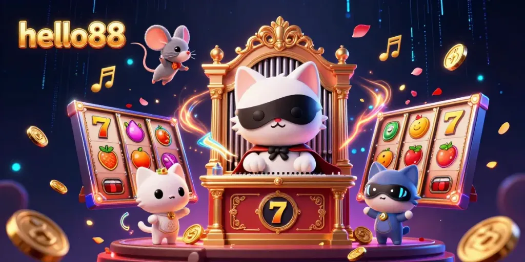 Experience thrilling gameplay with hello88’s vibrant 3D illustration featuring exciting casino elements and characters.