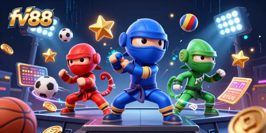 fv88 showcases a dynamic 3D illustration of ninja chameleons performing martial arts with vibrant sports elements.