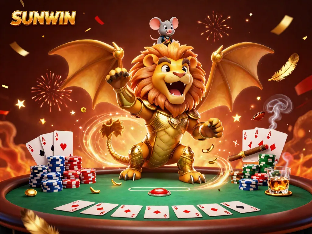 Experience SUNWIN's exciting gaming with a golden armored chimera and dynamic poker scene.