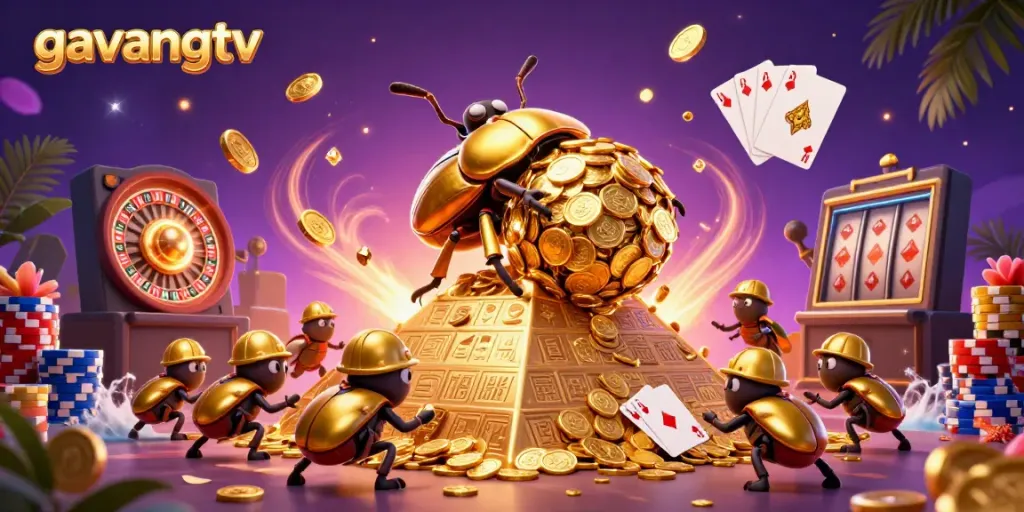 Join the epic game on gavangtv with dynamic characters amidst cascading coins and casino elements.