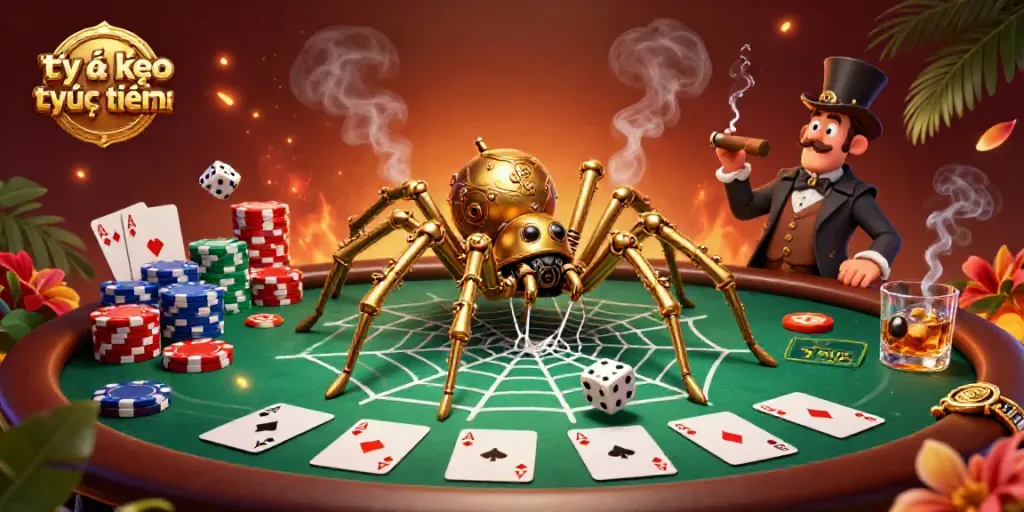 Engage in tỷ lệ kèo trực tuyến with a steampunk spider ensnaring dice in a vibrant poker scene.