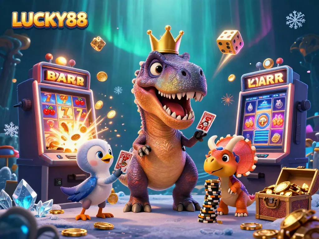 Experience thrilling adventures at LUCKY88 with a dynamic 3D illustration of casino characters enjoying games and jackpots.
