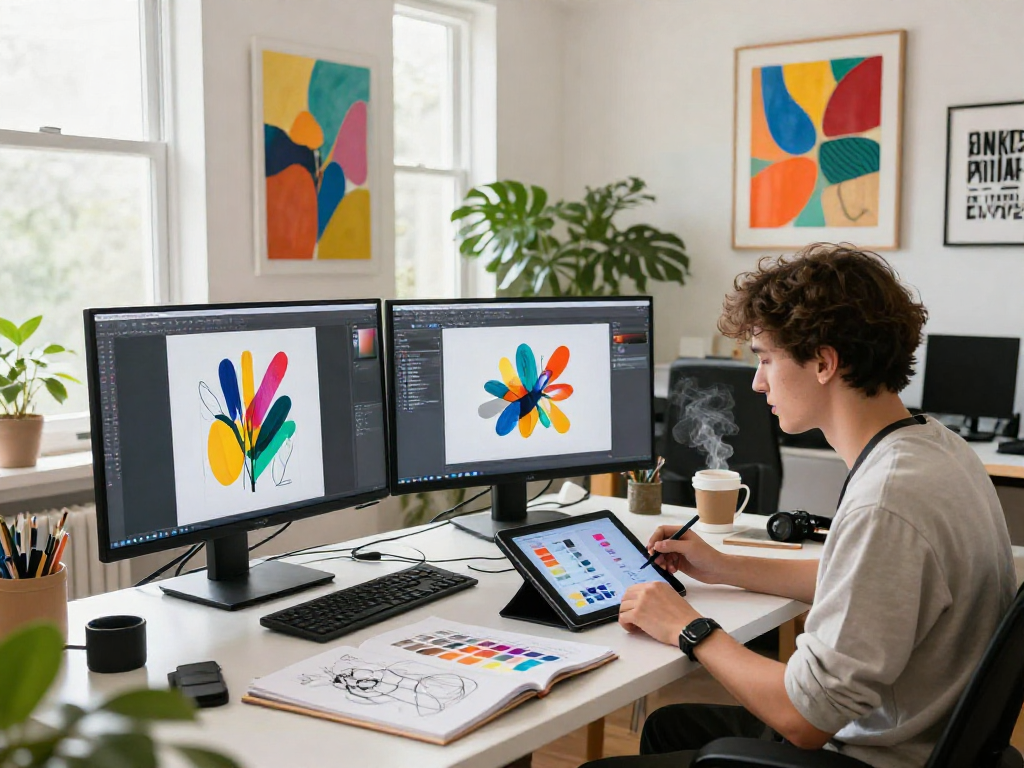 Artist collaborating with 18+ ai tools in a modern studio, vibrant art and creative process.