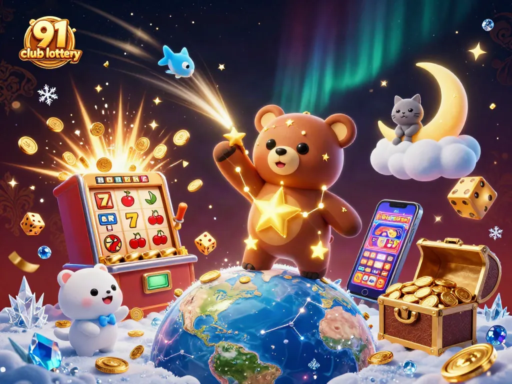 Engage with the 91 club lottery through a vibrant 3D scene featuring a constellation bear, dynamic slot machines, and dazzling game elements.