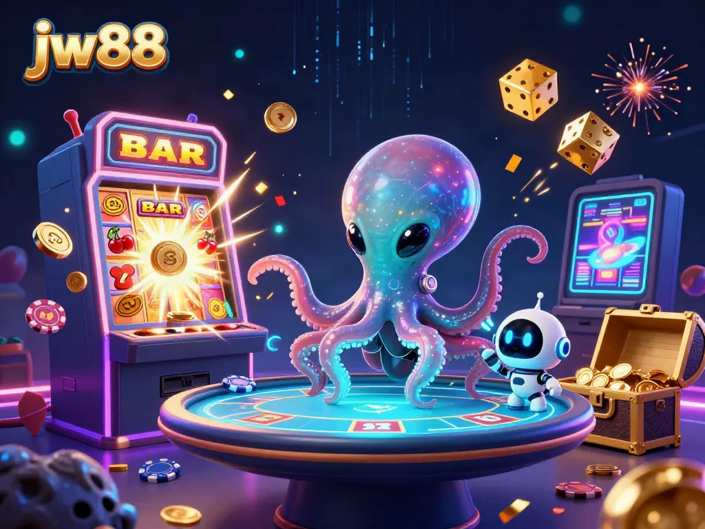 Experience thrilling gameplay at jw88 with a colorful 3D octopus and casino elements.