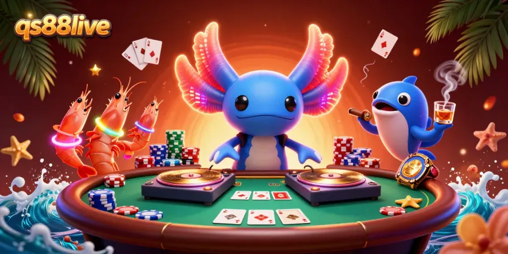 Experience the vibrant qs88live casino scene with dynamic characters and gaming elements in an underwater fiesta.