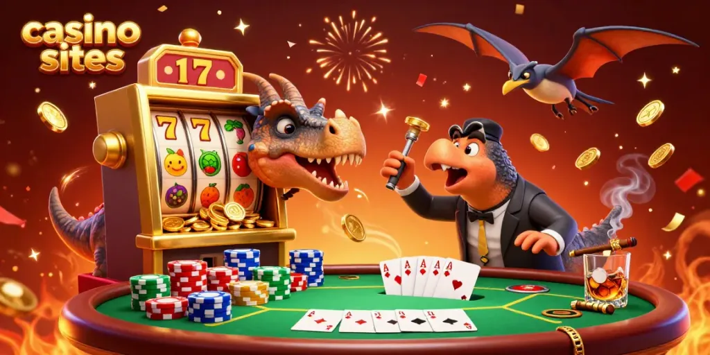Dynamic casino sites scene with dinosaurs, slot machines, poker, and celebrations.