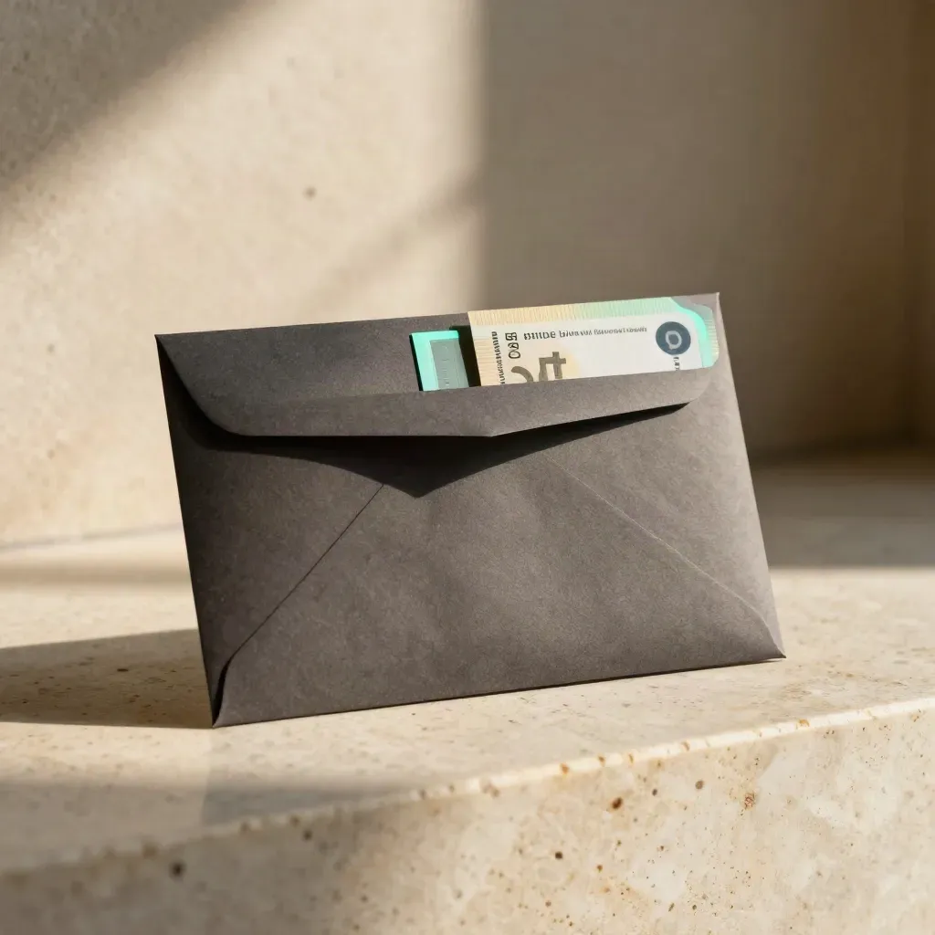 Bitcoin alert pack and fee-note bundle sliding across pale stone in dramatic studio light.