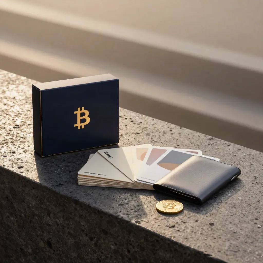 Bitcoin starter kit on rain-damp stone with gold token, guide cards and wallet sleeve in dawn light