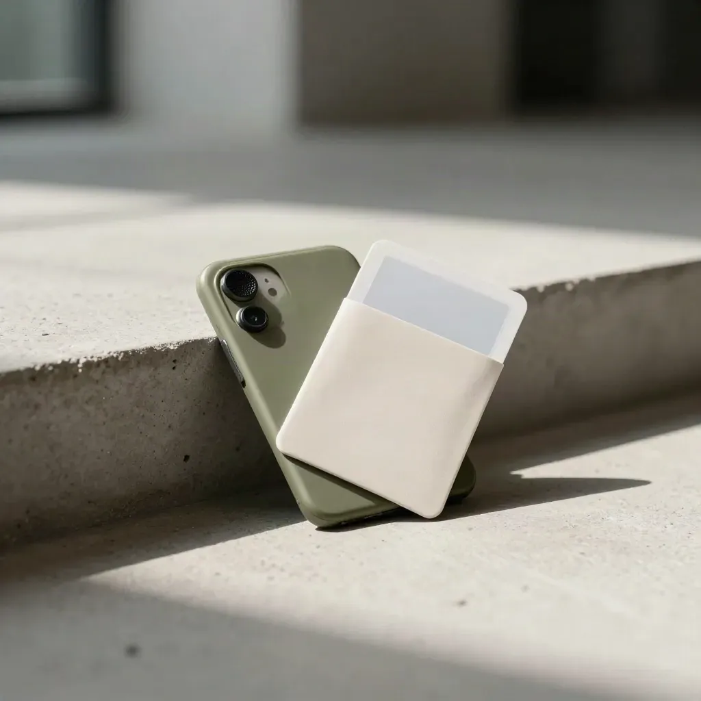 Slim alerts pass sleeve with chips and card sliding across pale concrete in cool haze.