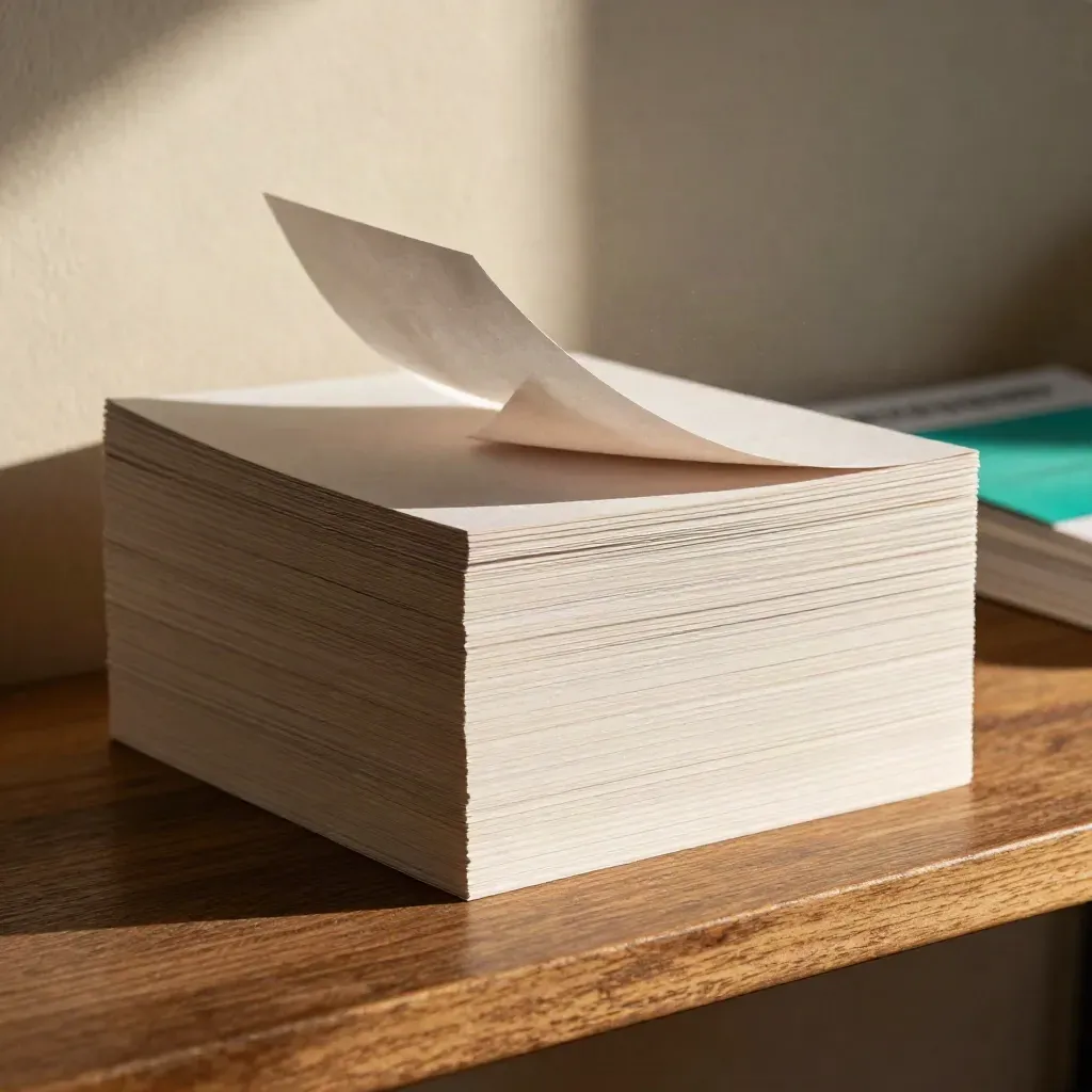 Macro of a thick trade plan paper bundle with divider tabs and a curled corner on warm wood.