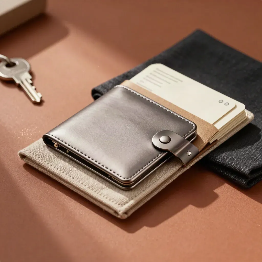 Hardware wallet, backup sleeve, and recovery cards on terracotta plaster in soft studio light.