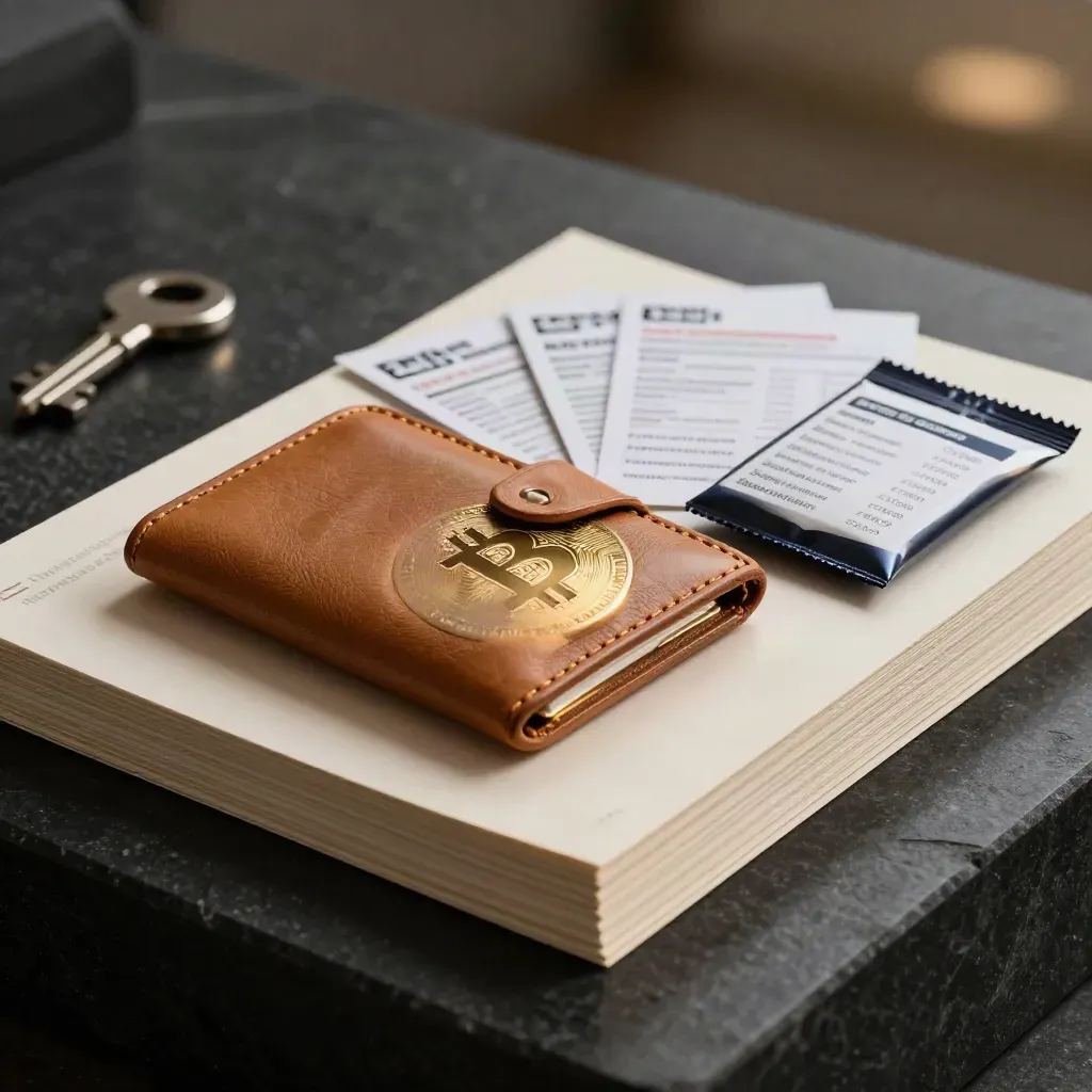 Premium crypto bundle with guides, wallet case and alert cards on a dark stone surface