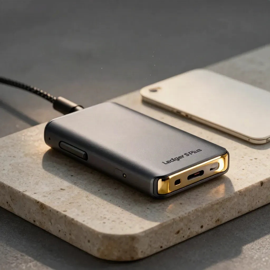 Hardware wallet in a magnetic cradle with cable and stone tray, lit in warm gold
