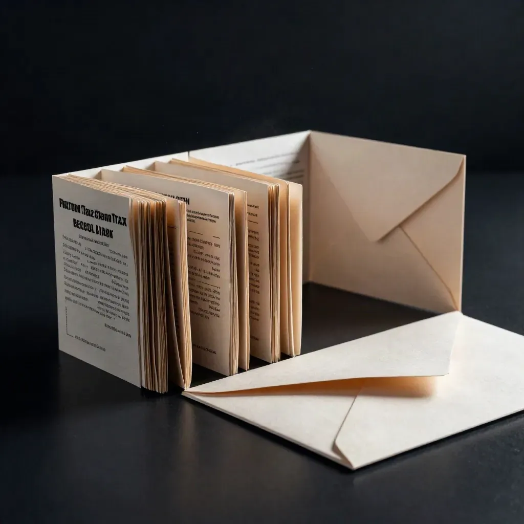 Tax cheat sheet paper kit with folded cards, divider, and envelope sleeve on dark studio surface