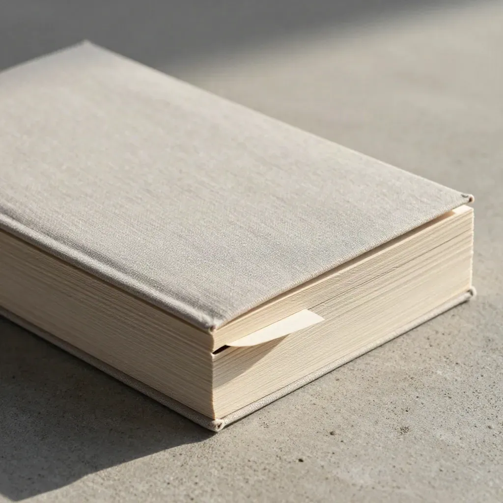 Macro of a soft-cover zine with fanned pages and a pocket insert on cool concrete.