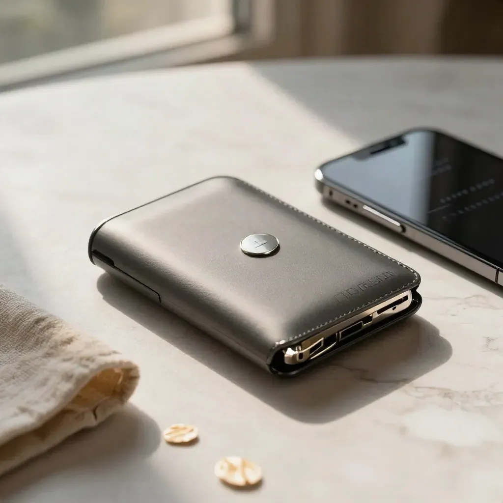 Pale marble surface with a crypto wallet, metal token and soft linen in warm morning light.