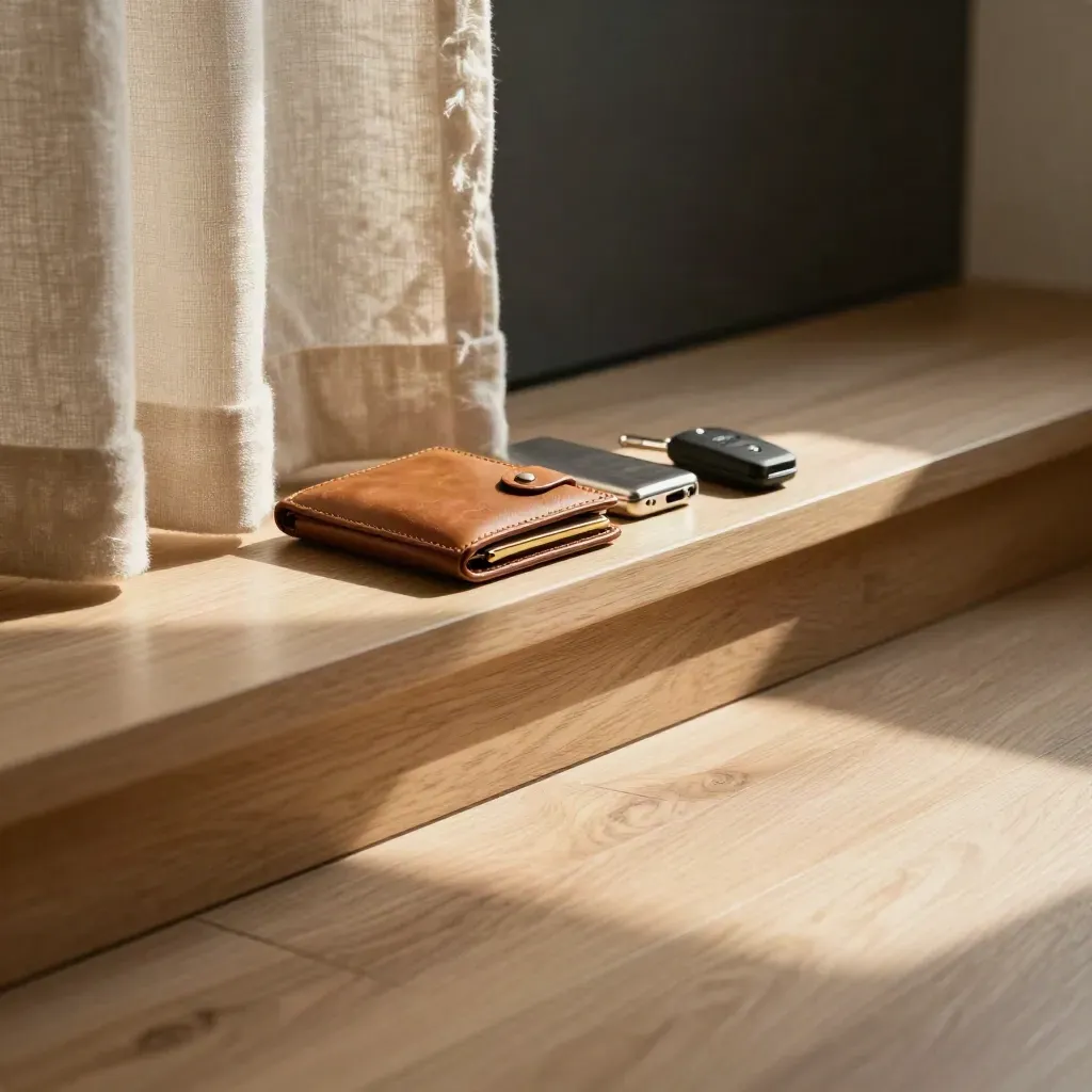Sunlit oak landing with linen curtain and crypto wallet objects, calm space for copy.