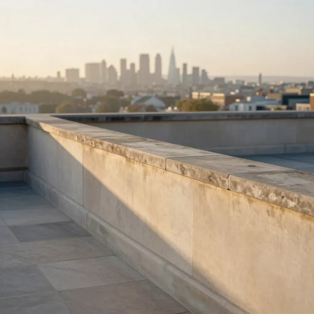 Golden rooftop parapet with a soft city blur and long shadow at sunset.