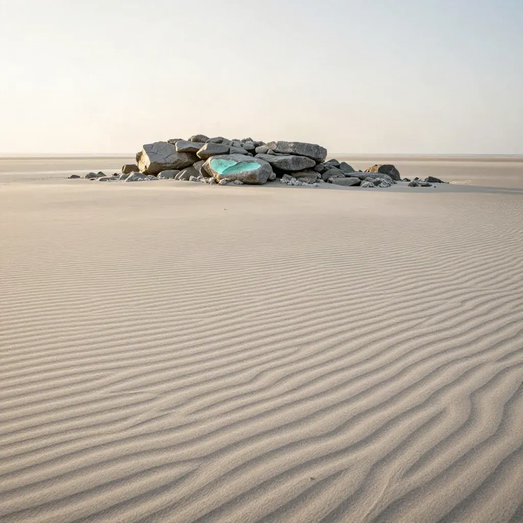 Wind-rippled sand and a low stone outcrop in a hazy sunrise landscape
