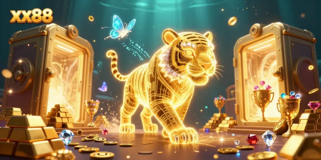 Enter the world of xx88 with a glowing tiger and treasures in a vibrant digital casino.