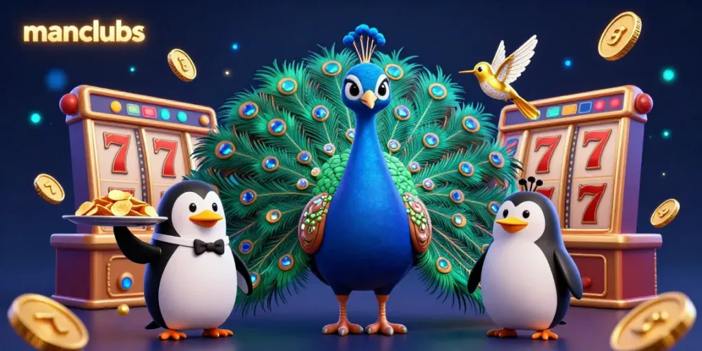 Experience thrilling gaming with manclubs as a peacock and friends showcase an exciting casino atmosphere.