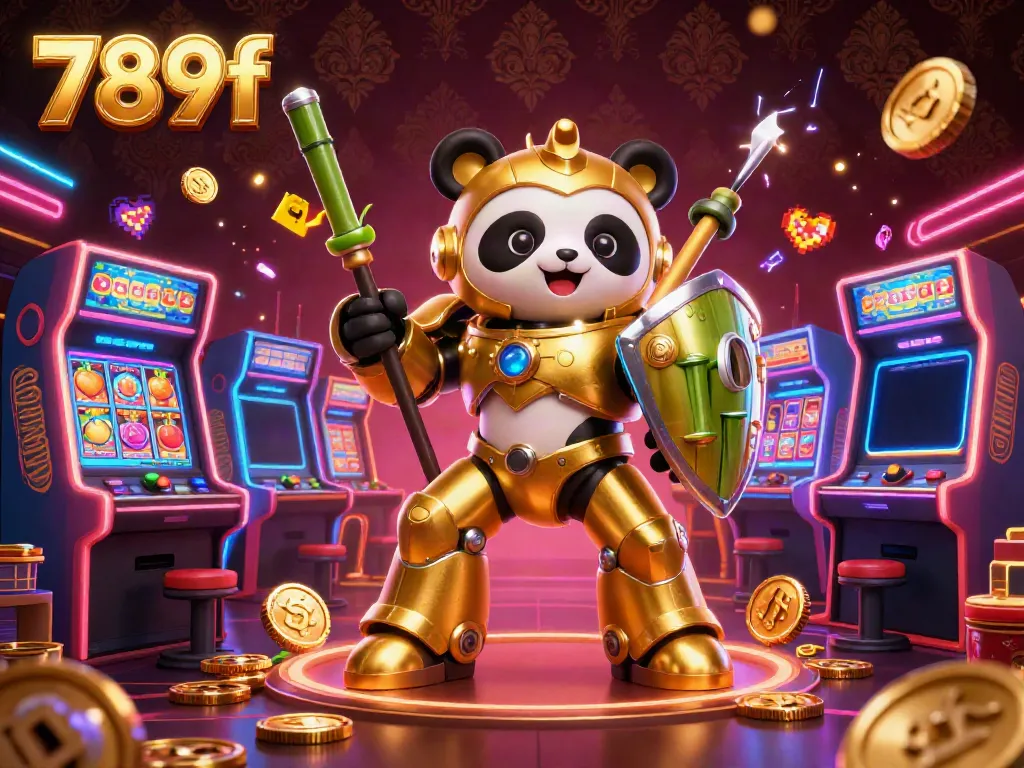 Engage with vivid 789f casino action showcasing golden panda in mech suit among dynamic gaming elements.
