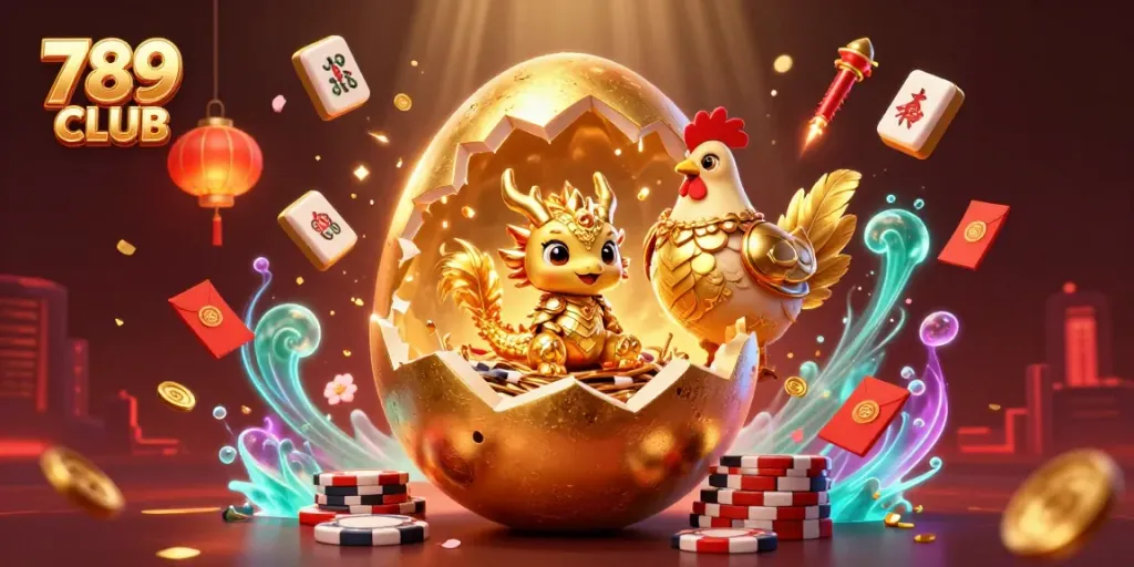 Experience the thrill of 789 CLUB with a dynamic illustration of gold shimmering casino elements and a baby dragon guarding rewards.