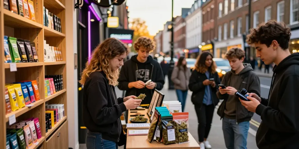 Cali weed delivery London in an urban cannabis market bustling with customers.